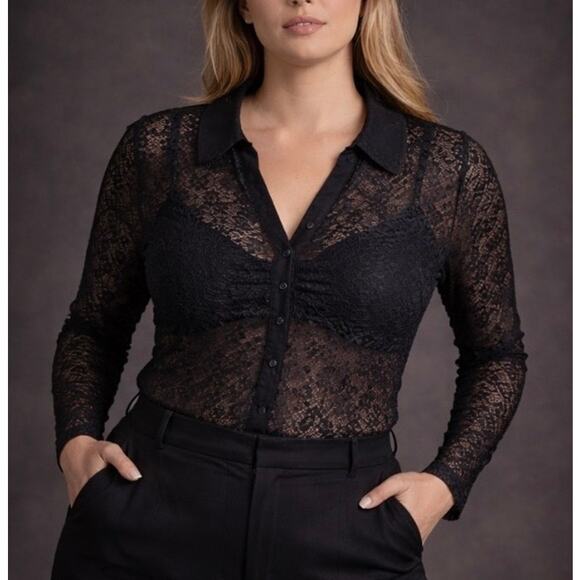 Maeve by Anthropologie Tops - Maeve Anthropologie Blue Black Lace Button Down Blouse Size 3X Peter Pan Collar